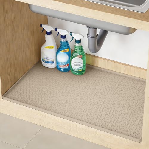 TRZZ Waterproof Under Sink Mat, 34"x19", Drip Tray Shelf Liner, Khaki