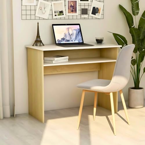 Image of MATTERHORN Engineered Wood Office Table, Work from Home Table with Shelf for Storage (DIY, 900 x 500 x 750 mm, MOOT-10002FebVar) (Beige and White)