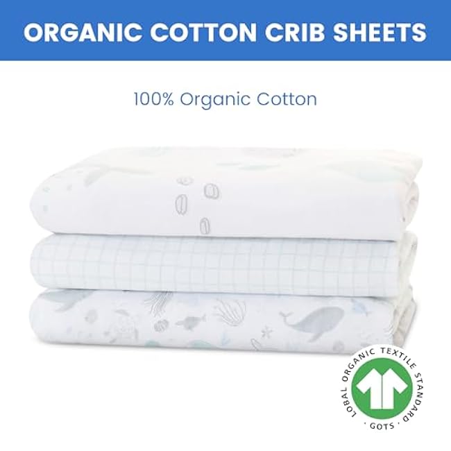 Delta Children Fitted Crib Sheets for Girls and Boys - 100% Organic Cotton Crib Sheet for Standard Crib and Toddler Mattresses - 28x52 Inch - GOTS Certified (Pack of 3), Sea Life
