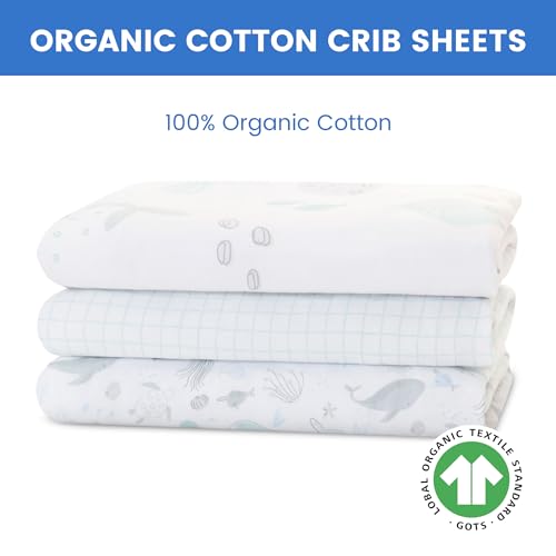 Image of Delta Children Fitted Crib Sheets for Girls and Boys - 100% Organic Cotton Crib Sheet for Standard Crib and Toddler Mattresses - 28x52 Inch - GOTS Certified (Pack of 3), Sea Life