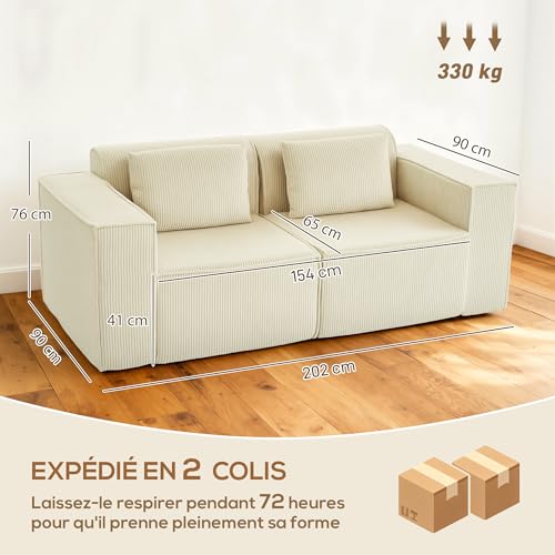 HOMCOM Canapé 3 Places en Velours côtelé, canapé Salon Moderne avec Assise rembourrée, Mousse Haute densité, Larges accoudoirs, 2 Coussins, livré entièrement compressé sans Montage, 202 cm, Beige – Image 4