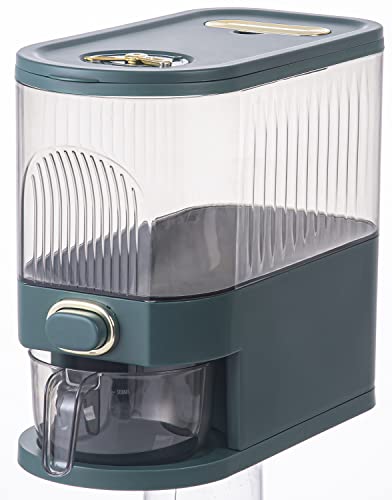 Sooyee 11 Lbs Rice Dispenser, Large Grain Container Storage with Lid Measuring Cylinder Moisture Proof Household Cereal Dispenser Bucket for Kitchen Soybean Corn,Clear and Green