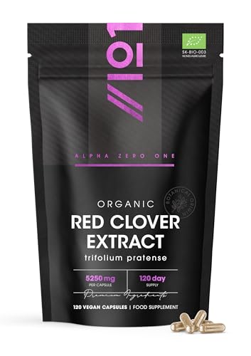 Organic Red Clover Extract 5250mg - for Use During The Menopause - 120 Vegan Capsules Resealable and Recyclable Pouch by Alpha01