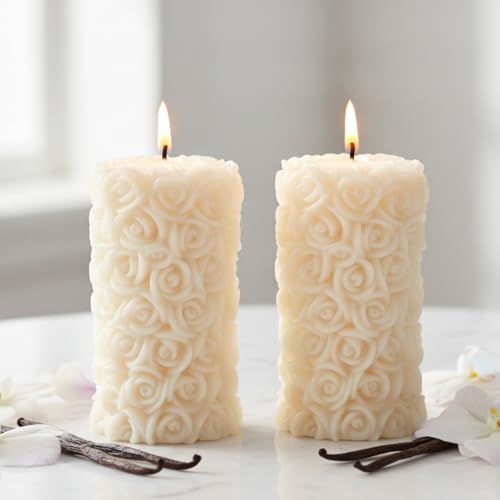 Image of Rose Pillar Candle, White Colour with Vanilla Fragrance, Smokeless Designer Decorative Candle Set for Home Decor, Diwali & Festive Gifting (5.5 x 10.5 cm, 12hrs)