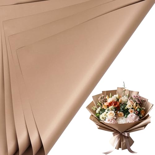 LeZakaa 20 Sheets Flower Wrapping Paper - Waterproof Reversible Floral Bouquet Paper - Brown Design for Valentine's Day, Mother's Day, Parties, Birthdays, Weddings, Baby Shower