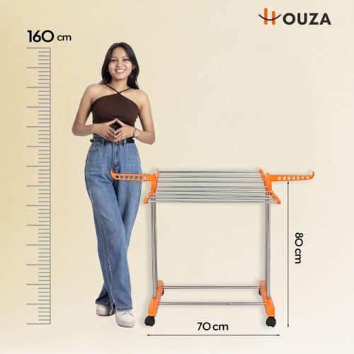 Image of HOUZA Stainless Steel Clothes Drying Stand | 1 Layer Foldable Cloth Dryer Stand with Wheels | 2 Foldable Wings - Orange