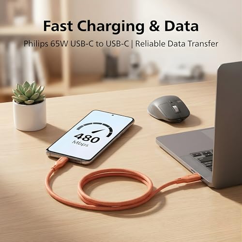 Image of PHILIPS DLC4150CR /94 65W Type-C to Type-C Fast Charging Cable (1.5m, Coral Reef) | Nylon Braided | Compatible with iPhone 15+ Series, USB-C iPad Models, Samsung Galaxy & All Type C Devices