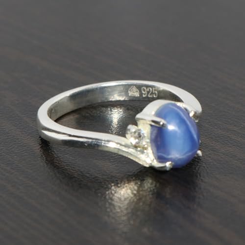 GEMHUB Oval Shape 3.2 Ct Triology Style Natural Blue Star Sapphire 925 Sterling Silver Engagement Ring for Valentines3