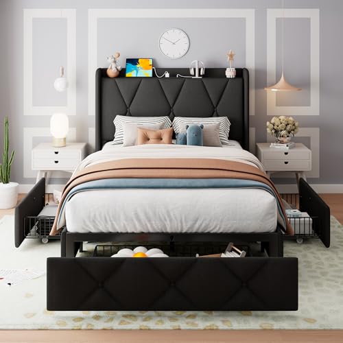 Image of Feonase Twin Bed Frame with 3 Storage Drawers, Upholstered Platform Bed with Fast Charging Station, Wingback Storage Headboard, Wooden Slats Support, No Box Spring Needed, Easy-Assembly, Black