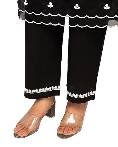 Image of FIORRA Women's Balck Cotton Floral Embroidery Straight Kurta with Palazzo