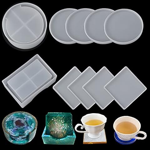 EPODA Resin Coaster Moulds Silicone, 12 Pcs Coaster Mould for Resin Epoxy Resin Moulds, Round and Square Resin Casting Coaster for Mould Making Cover