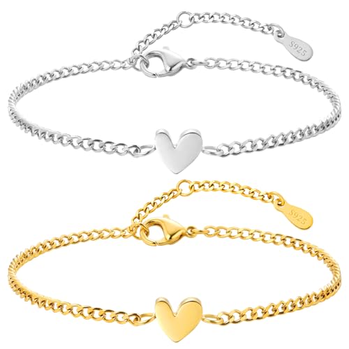 2 Stück 925 Silber Armband Damen mit Herz-Anhänger 18K Vergoldet Armband Damen Gold Verstellbare Freundschaftsarmbänder Partner Armbänder Wasserfest und Langlebig Geschenke für Frauen Silber+Gold