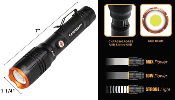 Diagram showing Farpoint Platinum Series flashlight dimensions (7 inches long, 1 1/4 inches wide) and illustrations of Max Power, Low Power, and Strobe Light modes.