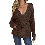 GCZREN Women Oversized V Neck Belt Tie Wrap Sweater Cardigan Winter Trendy Long Sleeves Open Front Knit Long Cardigans(S,Brown)