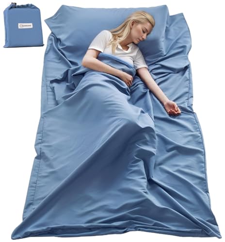 KOSMUSMO Sleeping Bag Liner, Ultralight Travel Sheet with Zipper and Compact Carry Bag, Portable Sleeping Camping Sheet, Soft Sleeping Bag Sack for Hotel, Hiking, Tenting, Camping