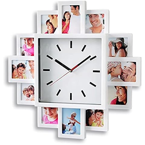 levandeo Fotouhr 40x40cm Wanduhr für 12 Fotos - Kunststoff weiß Cover