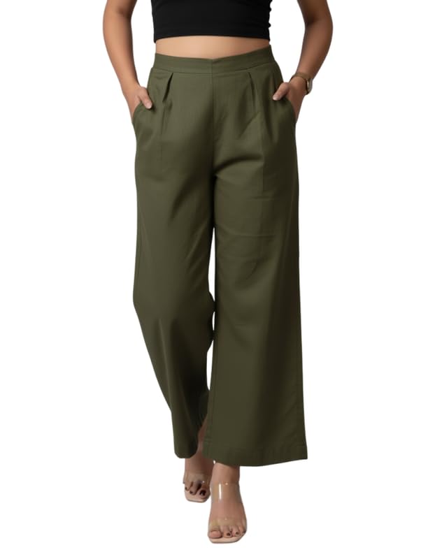 Image of Moirai Pure Cotton Wide Leg Women Trouser Stylish Mid Rise Relaxed Straight Fit Loose Pants Casual Travel Office Formal Wear