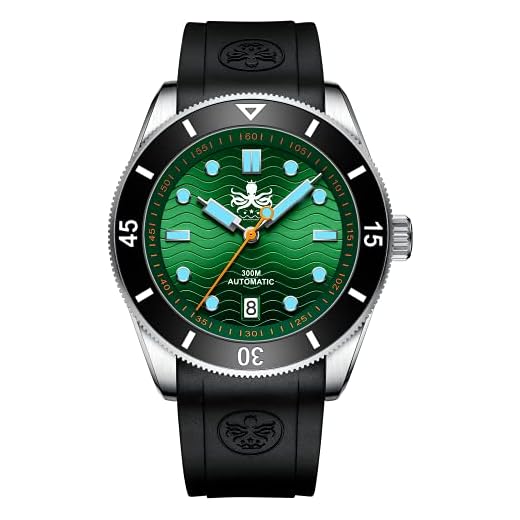 PHOIBOS Reloj de Buceo automático para Hombre de 300m con Esfera de Onda Verde y Correa de Caucho Wave Master PY010AR