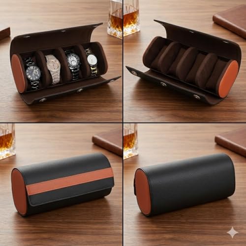 Image of essart Travel Watch Roll Case 4 Slots - Portable Luxury Watch Organizer & Storage Box for Men & Women