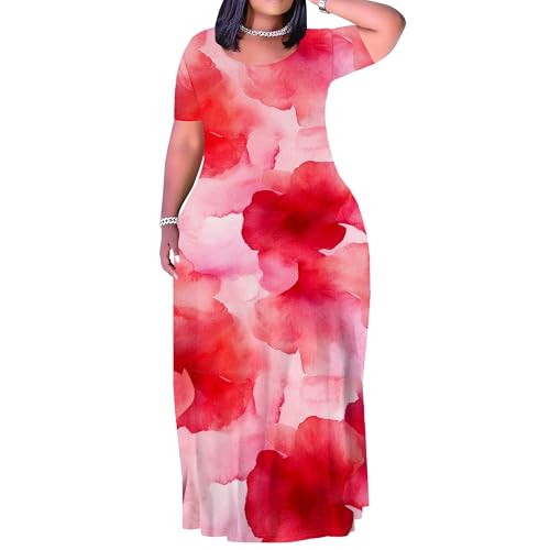Image of SUZONANA Plus Size Maxi Dress for Curvy Women Summer Casual Sundress Short Sleeve Loose Vacation Dress