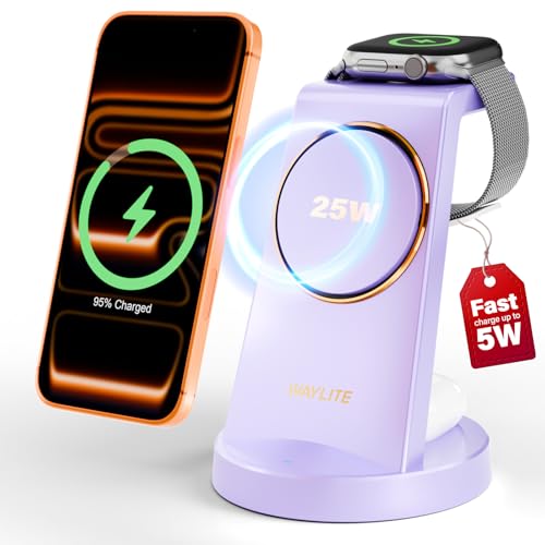 Image of 3 in 1 Fast Charging Station for iPhone, 25W Wireless Magnetic Phone Charger for iPhone 17 16e 16 15 14 13 12 Serise, Watch Charger Stand, Wireless Charging Station for AirPods 4 3 Pro, Purple