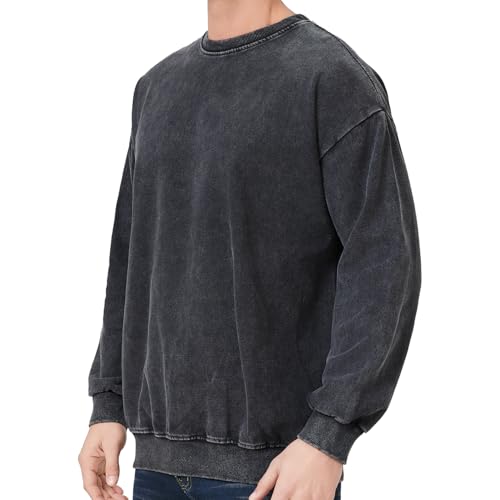 Men's Crewneck Sweatshirts Vintage Oversized Hiphop Acid Wash Long Sleeve Pullover Cotton Black Top2