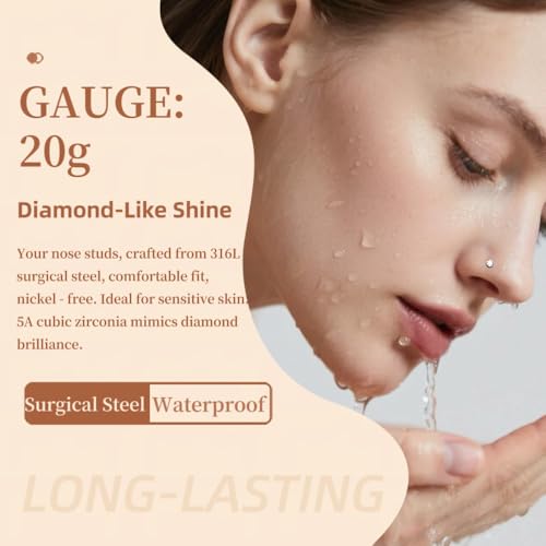 316L Surgical Steel 20g Nose Studs Hypoallergenic - Diamond-Like Sparkle Cubic Zirconia Corkscrew Nose Rings 8Pcs3