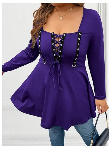 Image of SOLY HUX Women's Plus Size Peplum Tops Lace Up Square Neck Long Sleeve Ruffle Hem Tee Flowy Casual T Shirt