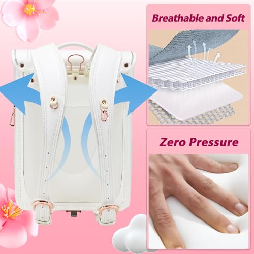 IwaiLoft Ransel Randoseru Backpack with Automatic Satchel for Girls, Japanese School Bag Embroidery PU Bookbag for Women (Morocco White)4