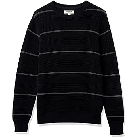 Jersey de Algodón Suave con Cuello Redondo y Punto Otomano Hombre, Negro/Color Carbón, Rayas, L Cover