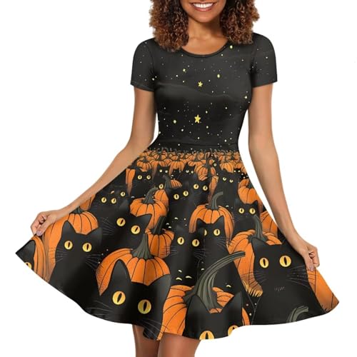 Binienty Black Cat Pumpkin Dress for Womens Halloween Dress Holiday Party Sundress Short Sleeve A Line Dress Loose Causal Midi Dress for Womens,Size 2XL