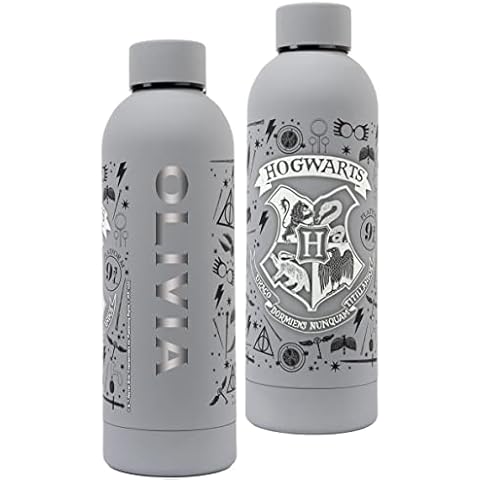 Harry Potter - Stainless Steel Water Bottle - Personalised Water Bottle Grey Hogwarts Design - 700ml Leakproof Water Bottle Gifts Cover