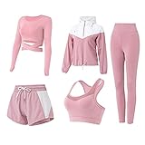 Gecdgzs 5 PCS Workout Sets for Women Running Yoga Outfits Athletic Gym Exercise Clothes Activewear Sets Tracksuit(Pink,L)