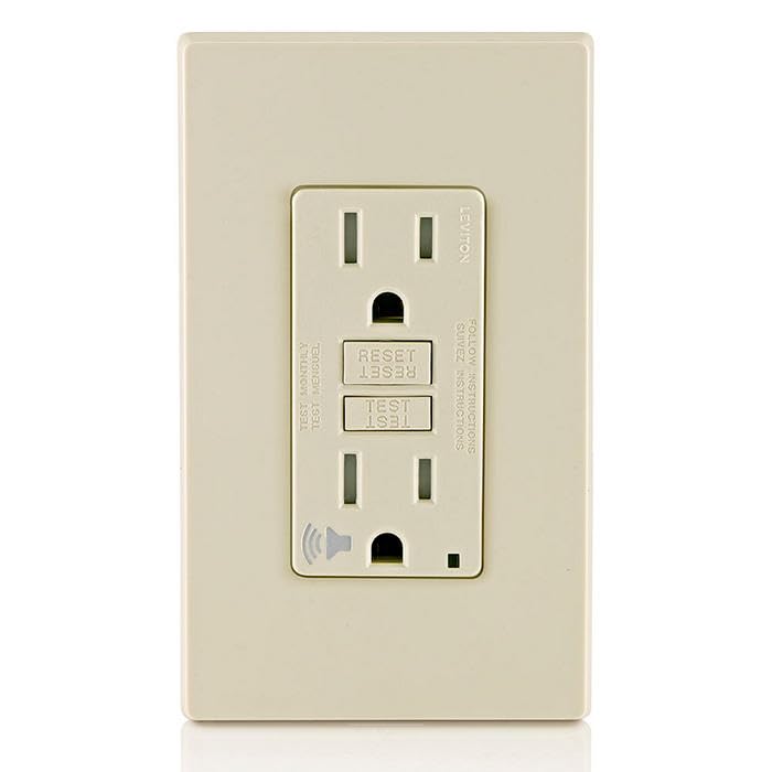 Image of Leviton Outlet with Audible Alarm, 15 Amp, Self Test, Tamper-Resistant with LED Indicator Light, Great for Refrigerators in Garages, GFTA1-T, GFCI, Light Almond
