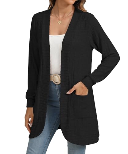 YSYOKOW Women Long Sleeve Open Front Cardigan Casual Lightweight Long Cardigans Loose Knit Outwear with Pockets(Black, Medium)