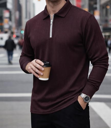 Image of Mack Jonney Men's Premium Ribbed Half-Zip Polo T-Shirt | Long Sleeve Soft Stretch Fabric | Stylish Casual & Smart Wear Top-M6783