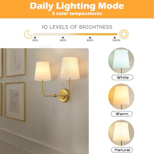 Image of PASSICA DECOR Vintage Gold 2-Light Battery Operated Double Wall Sconce with Dual Head No Wiring Dimmable Cordless Sconces with Remote Control Indoor Light Fixture for Bedroom Living Room Art Gallery