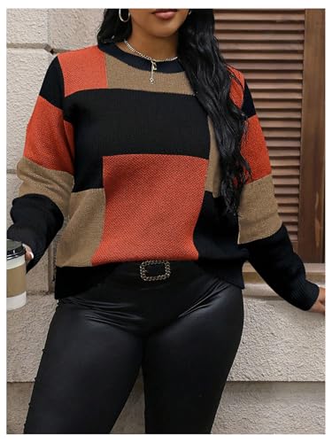 Image of RoseSeek Women's Plus Size Colorblock Crewneck Sweater Long Sleeve Drop Shoulder Pullover Knitwear Multicolor X-Large Plus