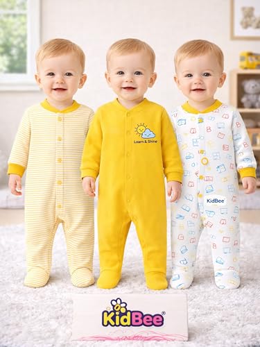 Image of Kidbee Baby Boys & Girls Full Sleeves Cotton Footed Romper Sleepsuit Pack of 3