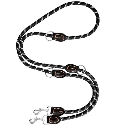 Guinzaglio per Cani Regolabile 2m per Cani Di Taglia Grande e Media, Guinzaglio Doppio Regolabile Multifunzionale in Nylon con 2 Moschettoni, Nero
