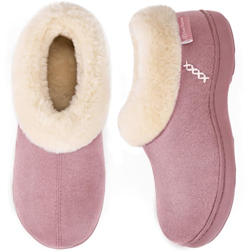 EverFoams Women's Microsuede Cozy Memory Foam Winter Slippers with Fuzzy Faux Fur Collar and Indoor Outdoor Rubber Sole (Pink, Size 9-10 M US)