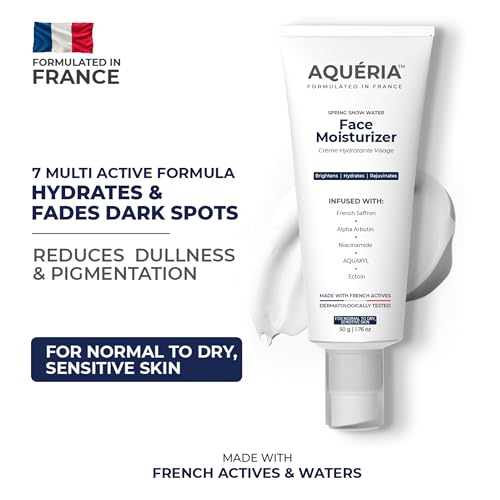 Image of Aqueria Brightening French Moisturizer for Barrier Repair with 3% Niacinamide for Fading Dark Spots | Alpha Arbutin for Visible Brightness | Glutathione for Brightening and Barrier Repair | Brightens, Fades Blemishes, Improves Skin Tone | Dermatologist Tested | All Skin Types | Women & Men | Moisturizer For Face | Barrier Repair Cream | Long Lasting Hydration | Non-Comedogenic | 50g