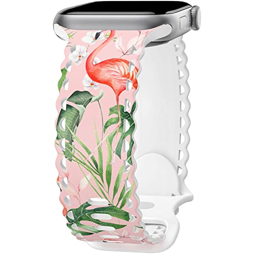 Image of Compatible with Apple Watch Band 41mm 40mm 38mm 49mm 45mm 44mm 42mm Women Girl, Flamingo Print Lace Hollow-out Soft Silicone Sport Bands For iWatch Ultra SE Series 10 9 8 7 6 5 4 3 2, Flam-42