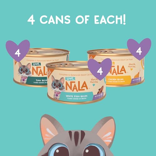 Image of LOVE, NALA - Single Protein Flaked Wet Cat Food Variety Pack - Chicken, Tuna & White Fish - Natural, Hydration Broth, Grain-Free, Human-Grade Protein, Non-GMO, No Gums, No Carrageenan-2.8 oz,12 Cans