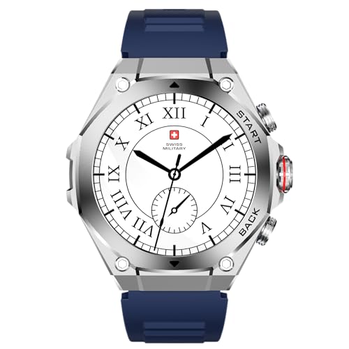 Image of Swiss Military DOM6 Smartwatch 1.43 inch AMOLED, Bluetooth Calling, Multi Language, Health & Sports Tracking, Wireless Charging, 7 Days Battery, IP67, iOS /Android Compatible,Silver Frame with Blue Strap