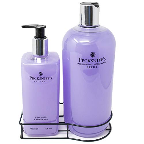 Pecksniff's Moisturizing Hand Wash 16.9 Oz with a Pump & 33.8 Oz Refill Bottle and a Cradle | Gift Set (Lavender & White Tea)