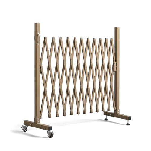 VINGLI 11.5ft Expandable Garden Fence with Casters, Aluminum Retractable Barricade Gate, Adjustable Safety Gate, Pet Barrier for Patio, Garage, Driveway, Crowd Control (Brown)