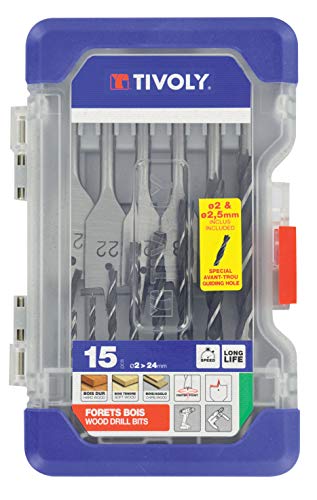 Tivoly 10802470001 Mallette Ranger T15 Bois, Contient Forets Bois 3 Pointes Ø2-2,5-3-4-5-6-7-8-10mm, Mèches Plates Ø14-16-18-20-22-24mm