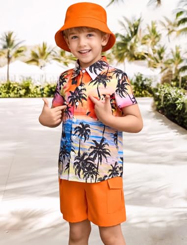 Image of IBTOM CASTLE Boys Hawaiian Button Down Shirts and Short Sets with Bucket Hat Kids Summer Vacation Outfits Tropical Shirt