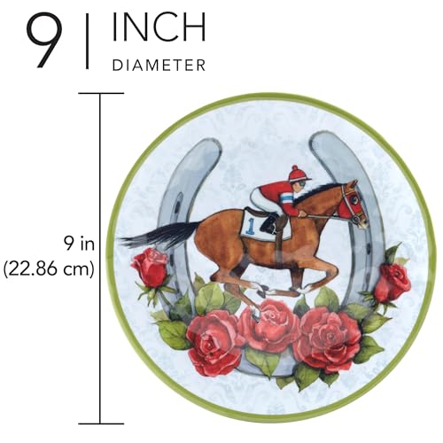 Derby Day at the Races Set of 6 Melamine Salad Plates – Add festive flair to your Derby Day celebration with 6 durable melamine salad plates featuring colorful racing silks, horseshoes, and charm. - Image 3